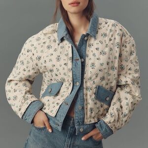 Anthropologie Blue and Cream Floral Jean Jacket l new Cottagecore cream denim